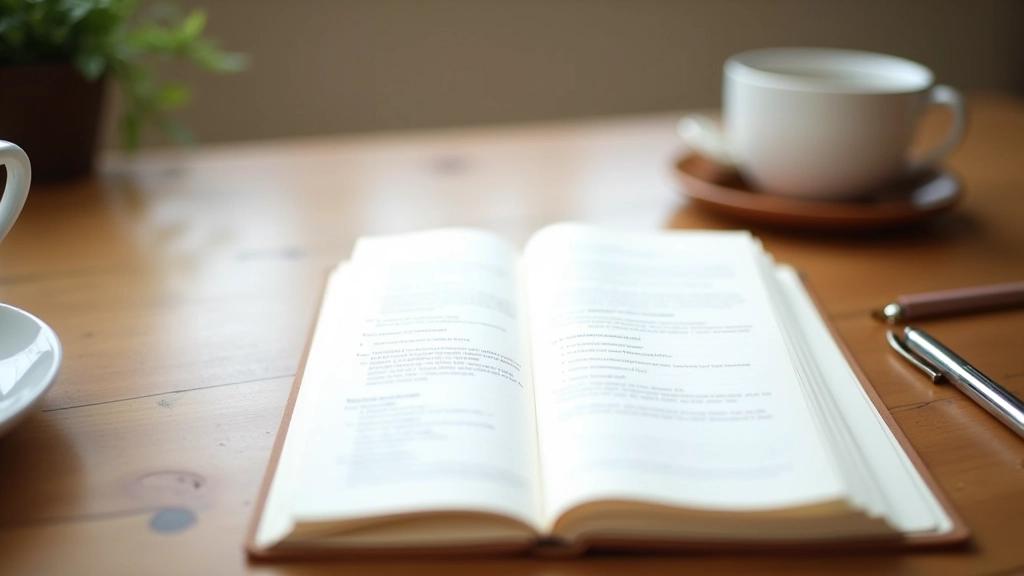 Caderno aberto com anotações sobre gramática inglesa, caneta pousada, xícara de café na mesa de madeira com luz natural
