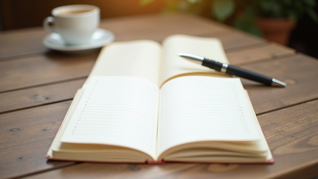 Caderno aberto com notas sobre gramática inglesa, caneta e xícara de café na mesa de madeira