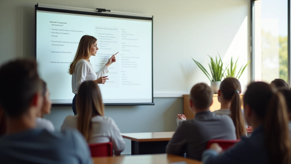 Professor explicando discurso indireto em sala de aula com estudantes a tomar notas